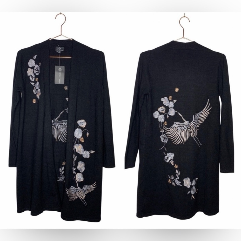 Great Blue Heron Embroidered Cardigan Sweater Open Front Small